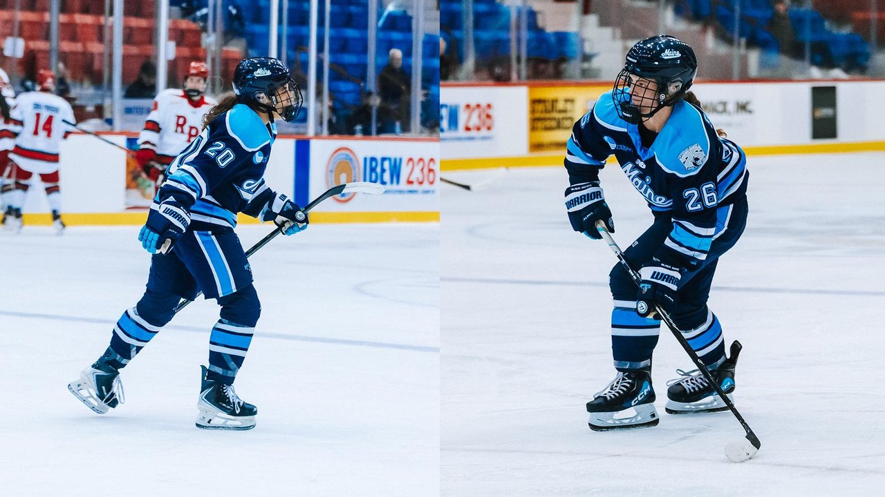 Maine women’s hockey players Mackenzie Podewell and Kendall Sundby skate on the ice.
